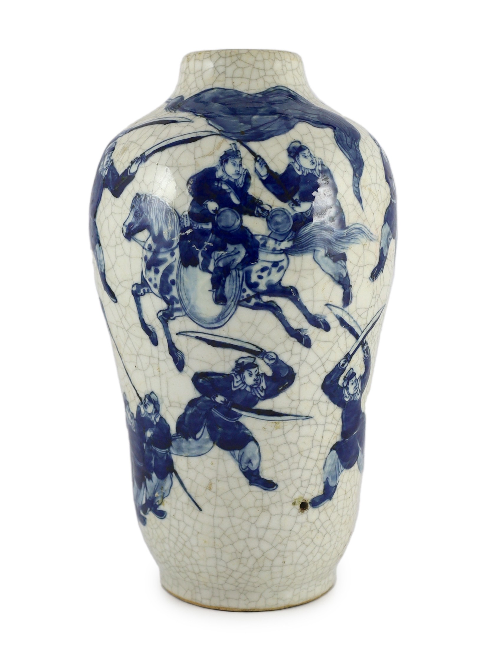 A Chinese blue and white crackle glaze ‘warriors’ vase, late 19th century, 35cm high, drilled hole